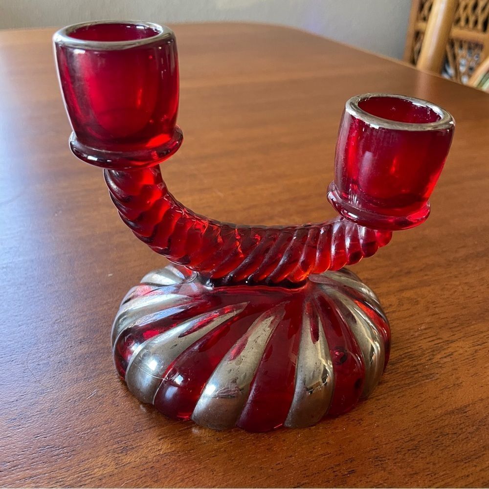 Vintage Imperial Glass Double CandleStick Holder Red and Silver